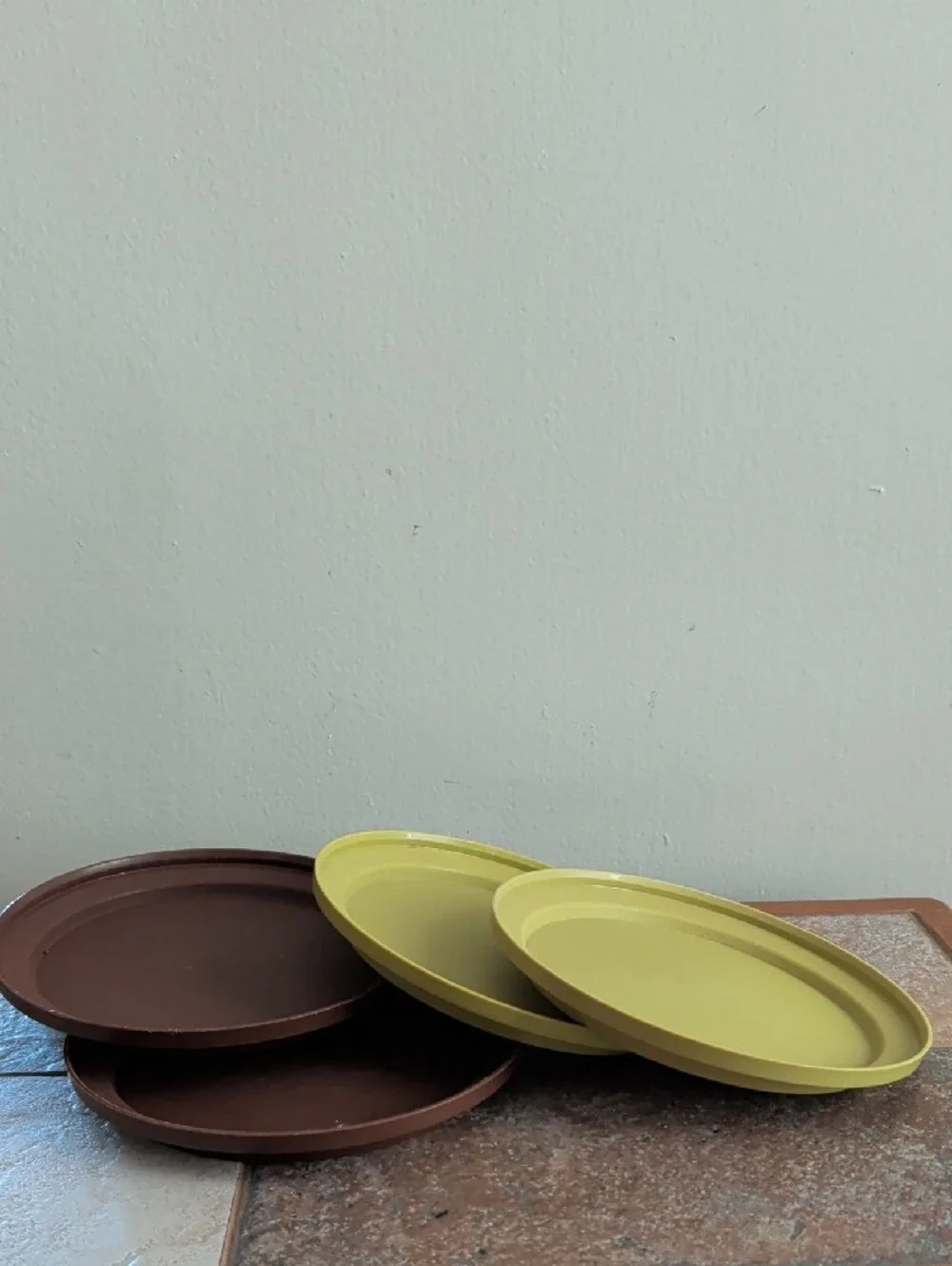Vintage Tupperware Lids Plastic Plates Chocolate Brown and Avocado Green